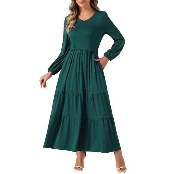 Tiered A-Line Crewneck Long Sleeve Midi Casual Dress with Pockets Dark Green - Picture 1 of 6